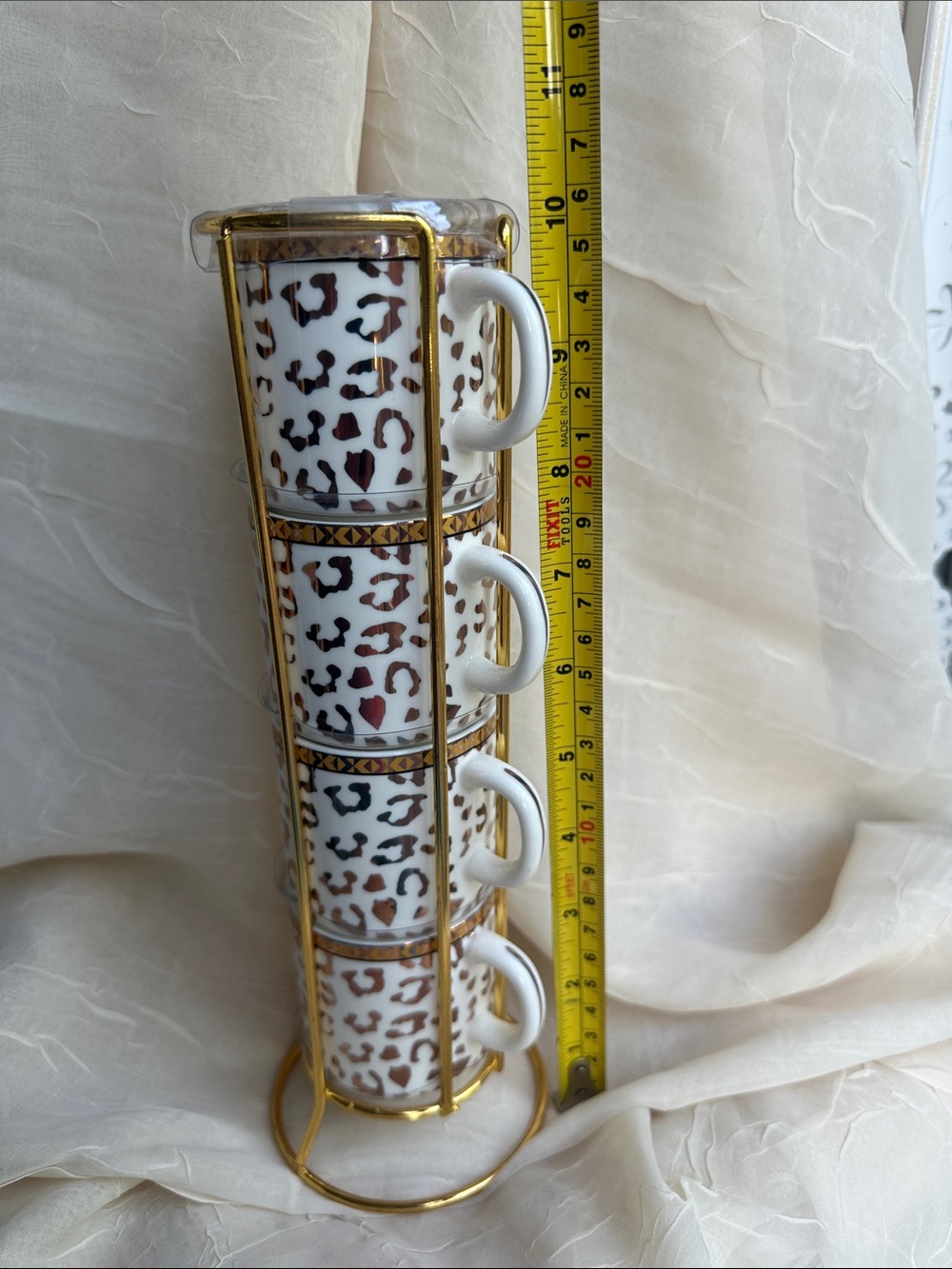 NEW! Grace's Teaware Gold Leopard Print Stackable Espresso Cups Set of 4 w/Stand - Picture 6 of 7